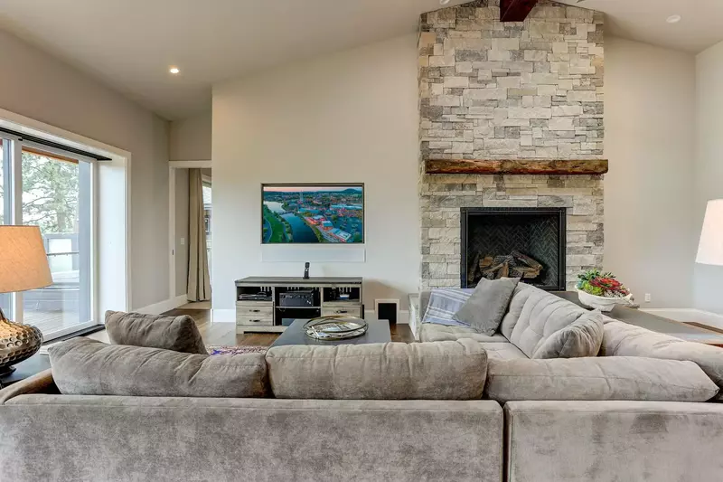 Quick start fireplace with mantle and hearth.