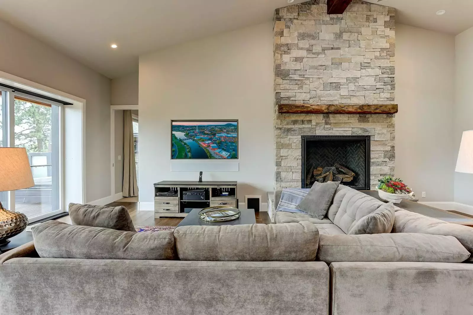 Quick start fireplace with mantle and hearth.