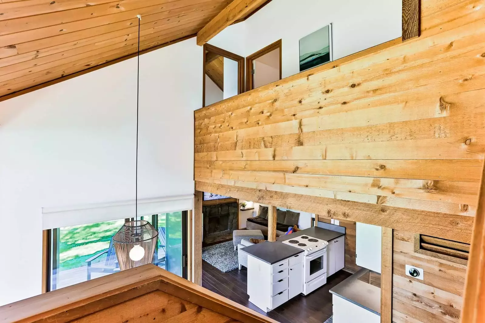 Vaulted wood ceiling over dining area