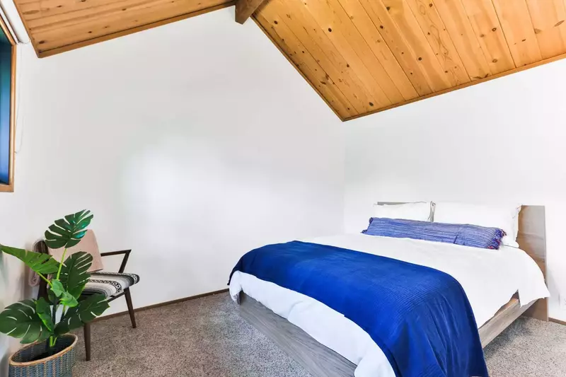 New Queen bed in Master, accented with paneled vaulted ceiling