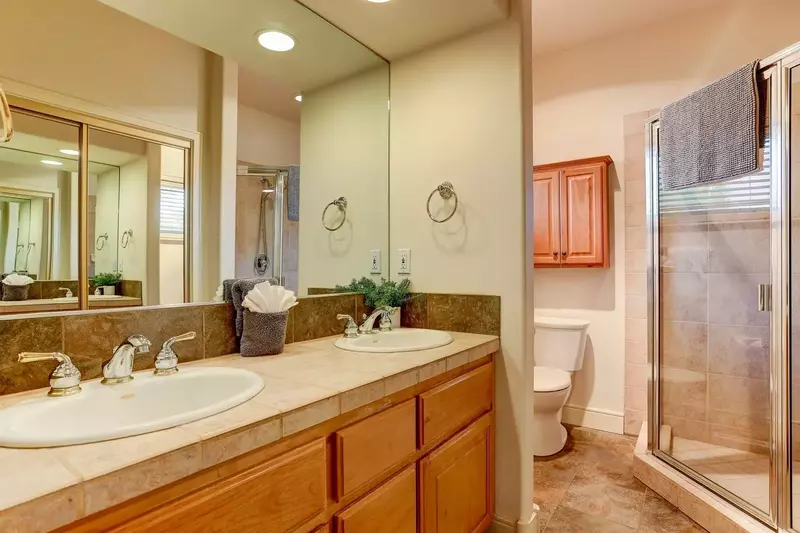 Dual sinks in this newly remodeled bathroom