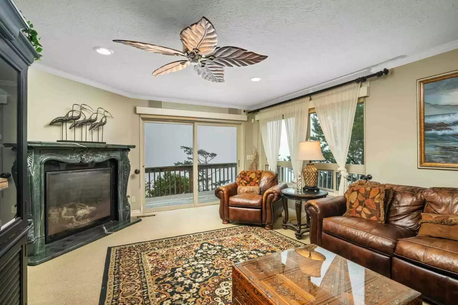 Relax in front of a cozy fire after a day exploring the Oregon Coast!