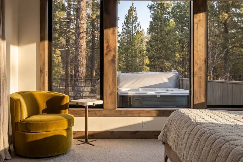 This bedroom is right next to the hot tub!